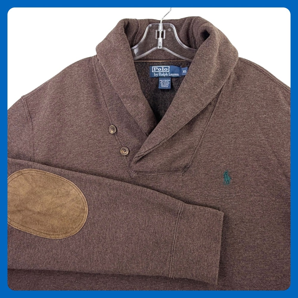 Polo Ralph Lauren Shawl Collar Sweatshirt Men XL Brown Elbow Patches Green Pony